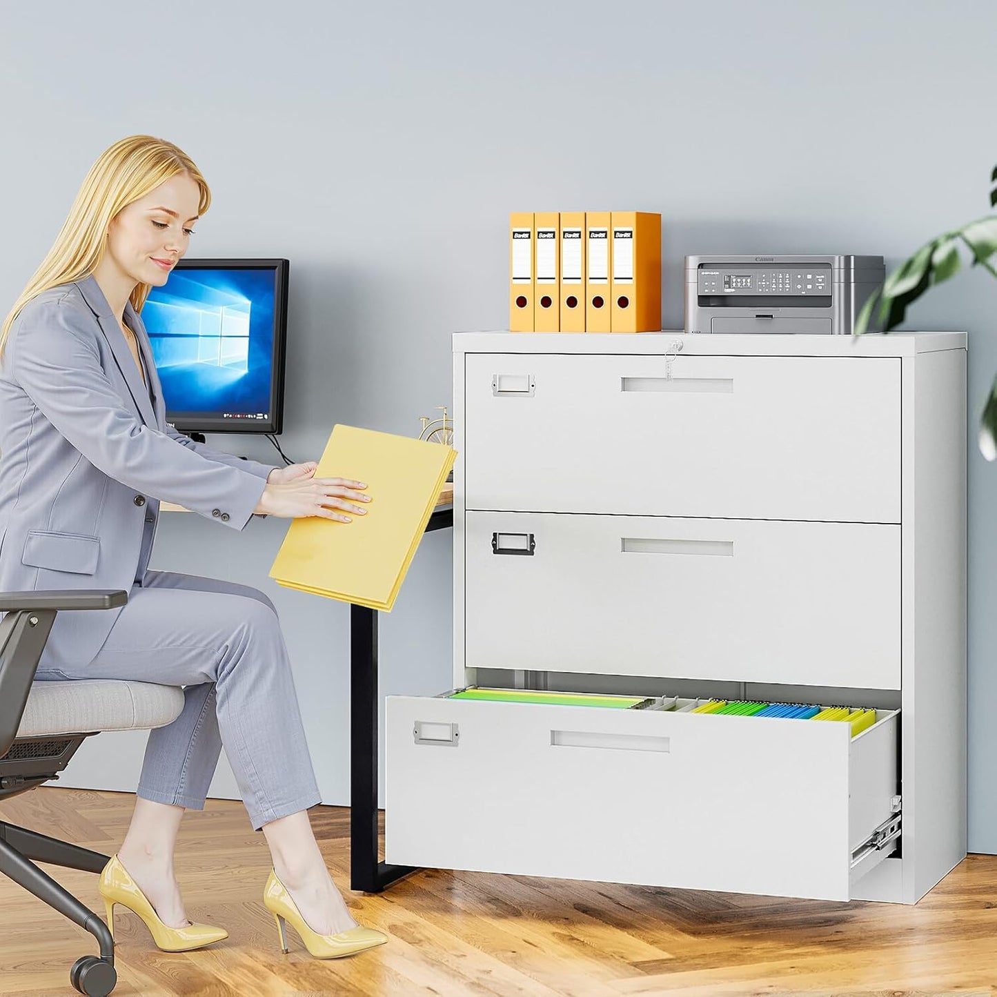 3 Drawer File Cabinets for Home Office, Metal Filing Cabinet with Lock, White Locking File Caninet Three Drawer, Office Storage Caninets Steel Cabnet for Letter/Legal/A4/F4-Assembly Required