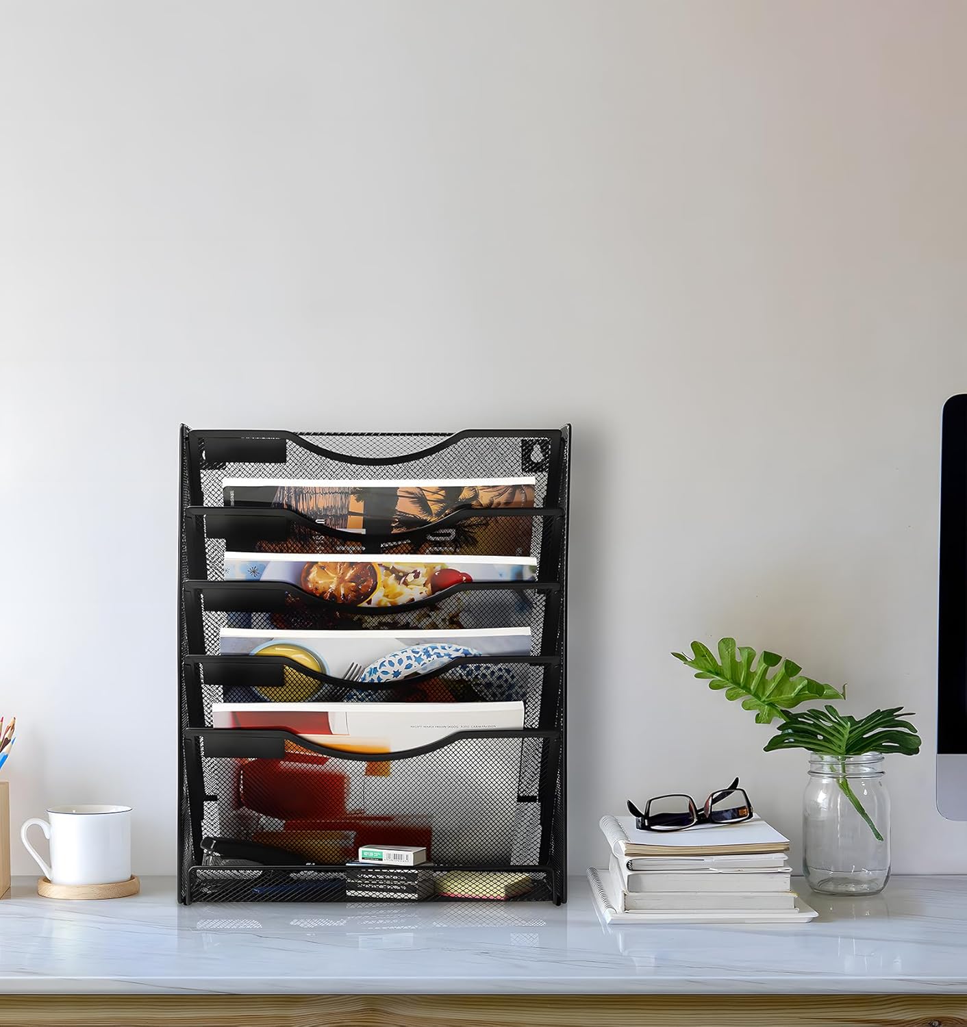 EasyPAG 5-Tier Wall File Holder, Mesh Hanging Folder Organizer with Classify Label, Versatile Desk File Organizer for Office Home, Vertical Wall Mounted Mail Paper Sorter, Easy Assembly, 2 Pack Black