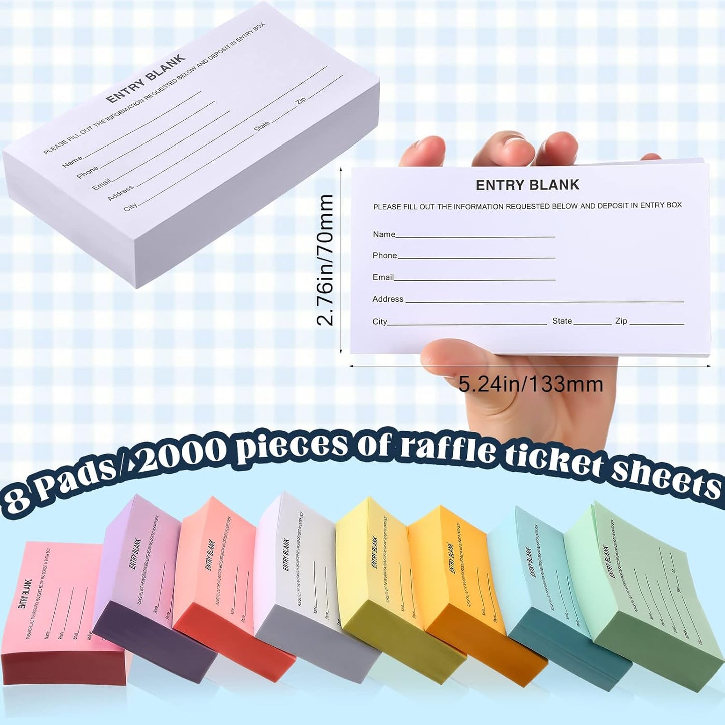 Kosiz 2000 Raffle Ticket Sheet 8 Pad 5.24" x 2.76" Enter to Win Blank Entry Form for Contest Collect Name Phone Number Email Address for School Event Ballot Network Marketing(Multi Color)