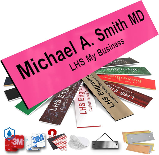 Door Name Plate Personalized for Office Pink Plastic Name Plate Black Letters - Made in USA 2x12 B12
