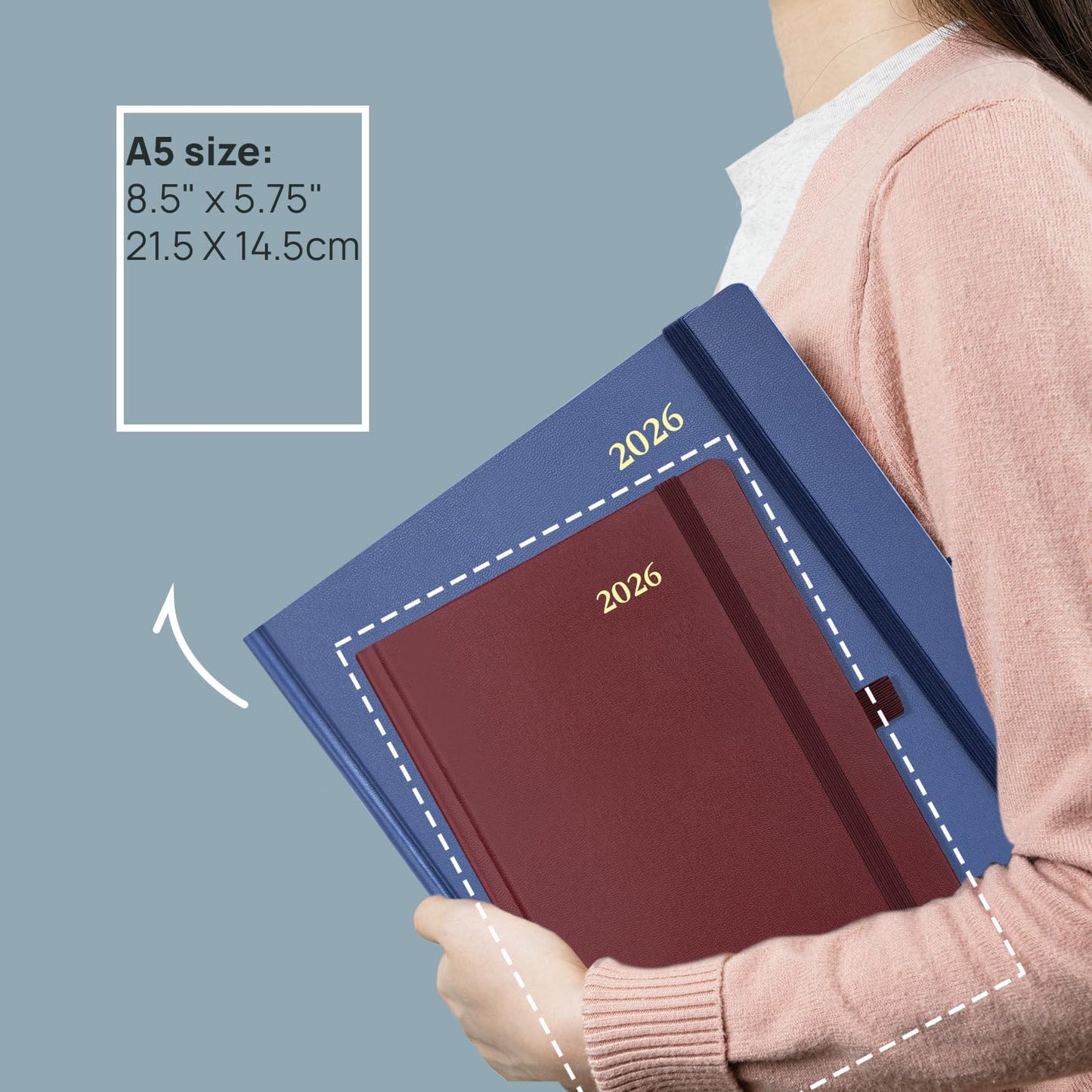 POPRUN 2026 Daily Planner One Page Per Day A5 Size Calendar (5.75" x 8.5") - 12 Months Hourly Appointment Book with Hardcover, Pocket, Pen Holder - Pacific Green