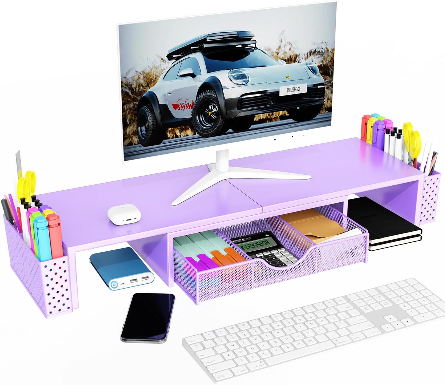 Spacrea Metal Desk Organizers and Accessories, Dual Monitor Stand Riser with Drawer and 2 Pen Holders, Desk Accessories & Workspace Desktop Organizers for Office Supplies (Purple)