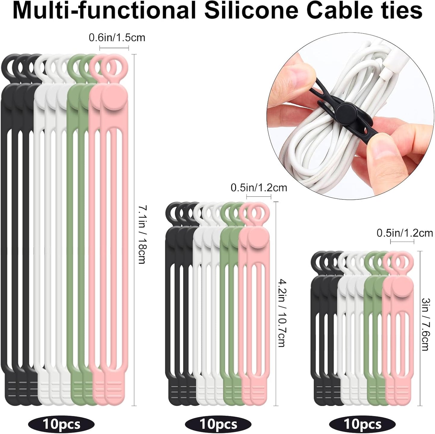OneLeaf 30Pcs Cord Organizer, Silicone Cable Ties Reusable, Cord Ties for Electronics, Multipurpose Elastic Wire Ties, Travel Essentials for Cable Organizer, Wire Organizers for Fastening Cords