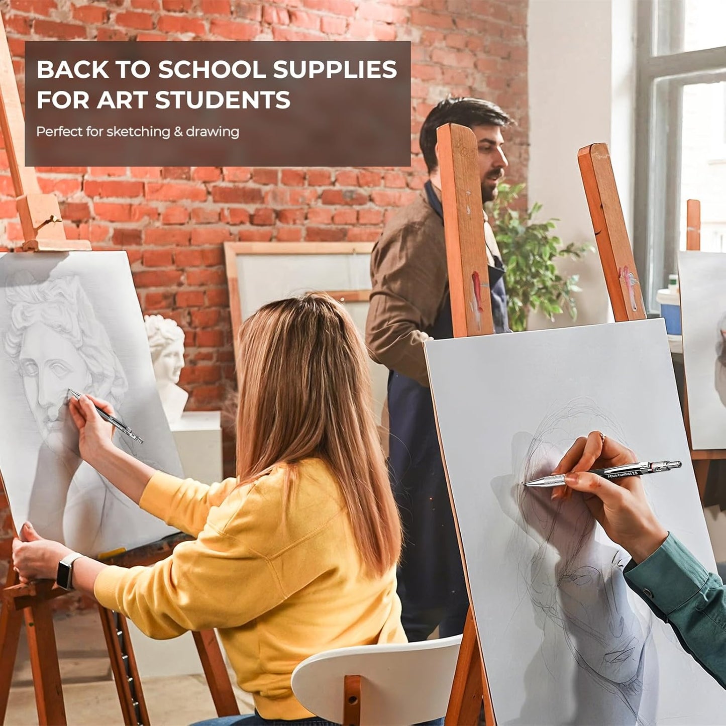 Four Candies 2MM Mechanical Pencil Set with case, Artist Led Pencil Metal Lead Holder with 60PCS Graphite Lead Refill (HB, 2H, 2B, 4B, Color) Kneaded Eraser, Sharpener for Writing, Drawing, Sketching