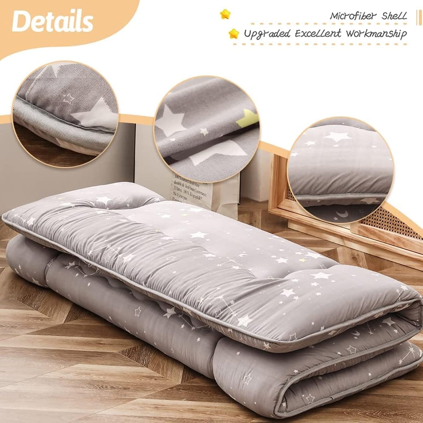 Grey Constellation Japanese Futon Mattress, Tatami Mat Portable Camping Mat Kids Sleeping Pad Foldable Roll Up Floor Lounger Couch Bed with Mattress Protector Full Size
