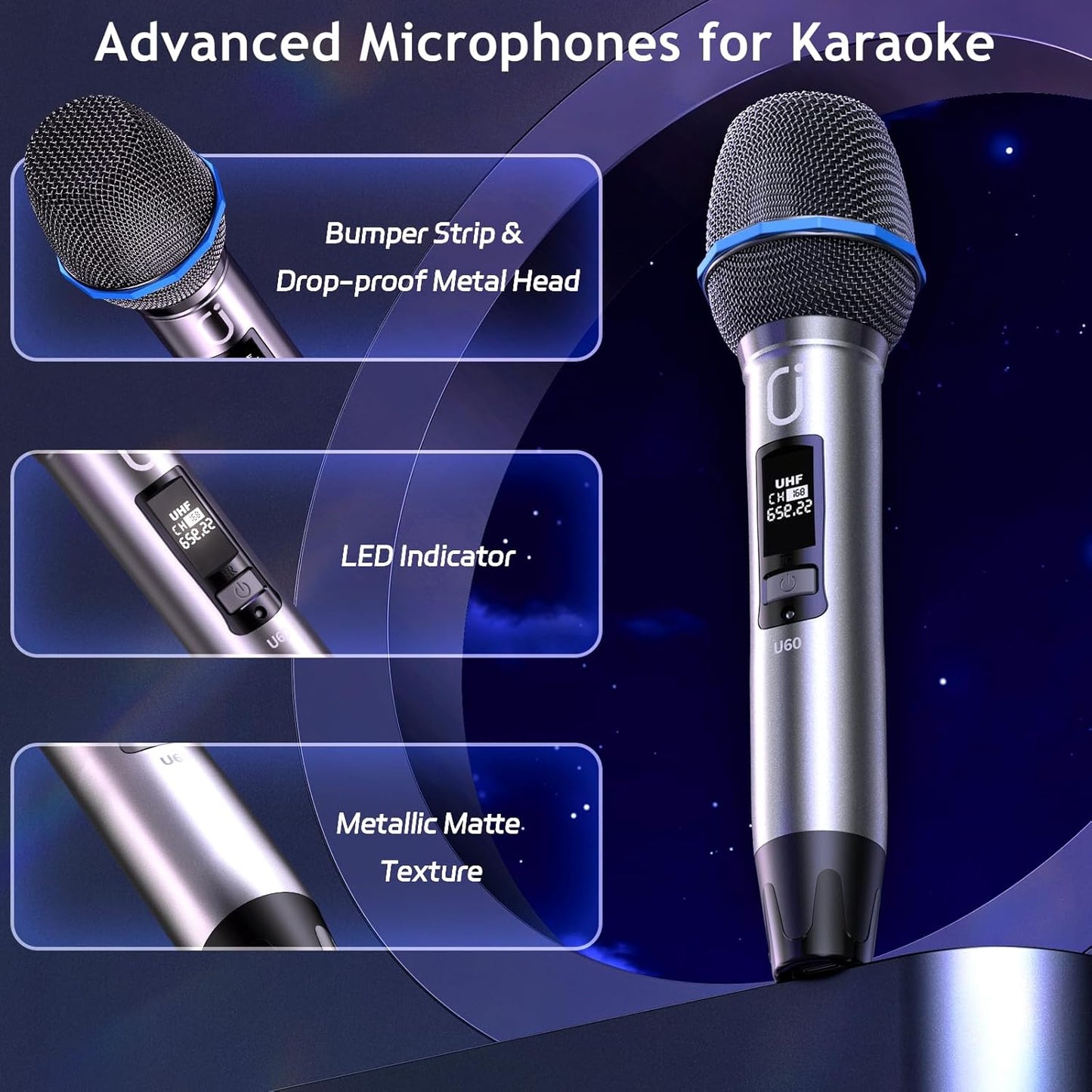 Wireless Microphones for Karaoke: Dual Professional Karaoke Microphone for Singing, Rechargeable Dynamic UHF Mic System with Receiver for Church, Party, Meeting, Speech, PA System, Plug and Play