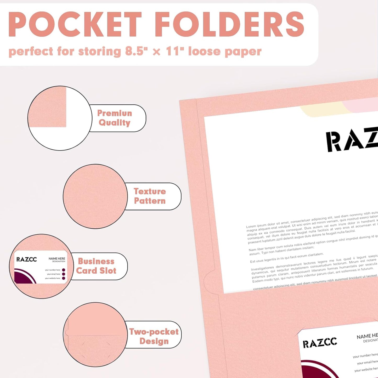 Two Pocket Folders, RAZCC 30 Pack File Folders with Pockets Fit Letter Size Paper, Thick Paper File Folder for School Office Business Home (Pink)