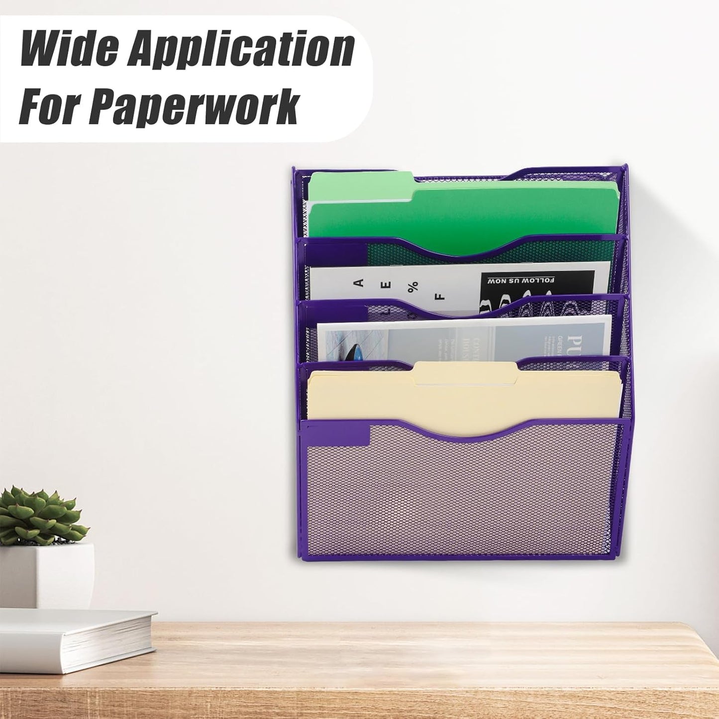 EASEPRES 5 Pocket Mesh Hanging Wall File Organizer, Wall Mounted Mail Paper Document Folder Holder, Clipboard Storage Organization Magazine Rack with Nametag Label for Office Home School, Purple