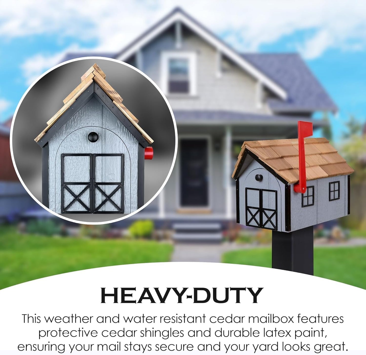 Peaceful Classics Amish Cedar Roof Wooden Mailbox with Window & Door Trim, Handcrafted Mailboxes for Outside, Post Mount Residential Mailboxes - (Clay & White, Wood)