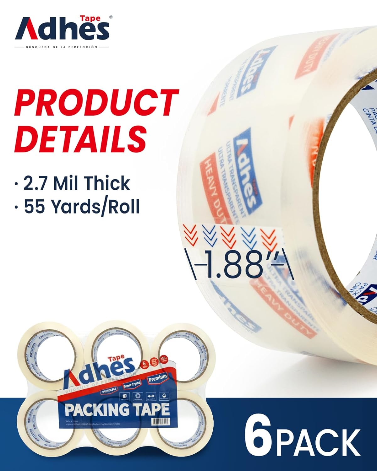 ADHES Super Clear Packing Tape, 6 Rolls x 1.88 Inch x 55 Yards, 2.7 mil Heavy Duty Shipping Tape Strong & Durable Package Tape for Shipping, Moving, Mailing and Sealing