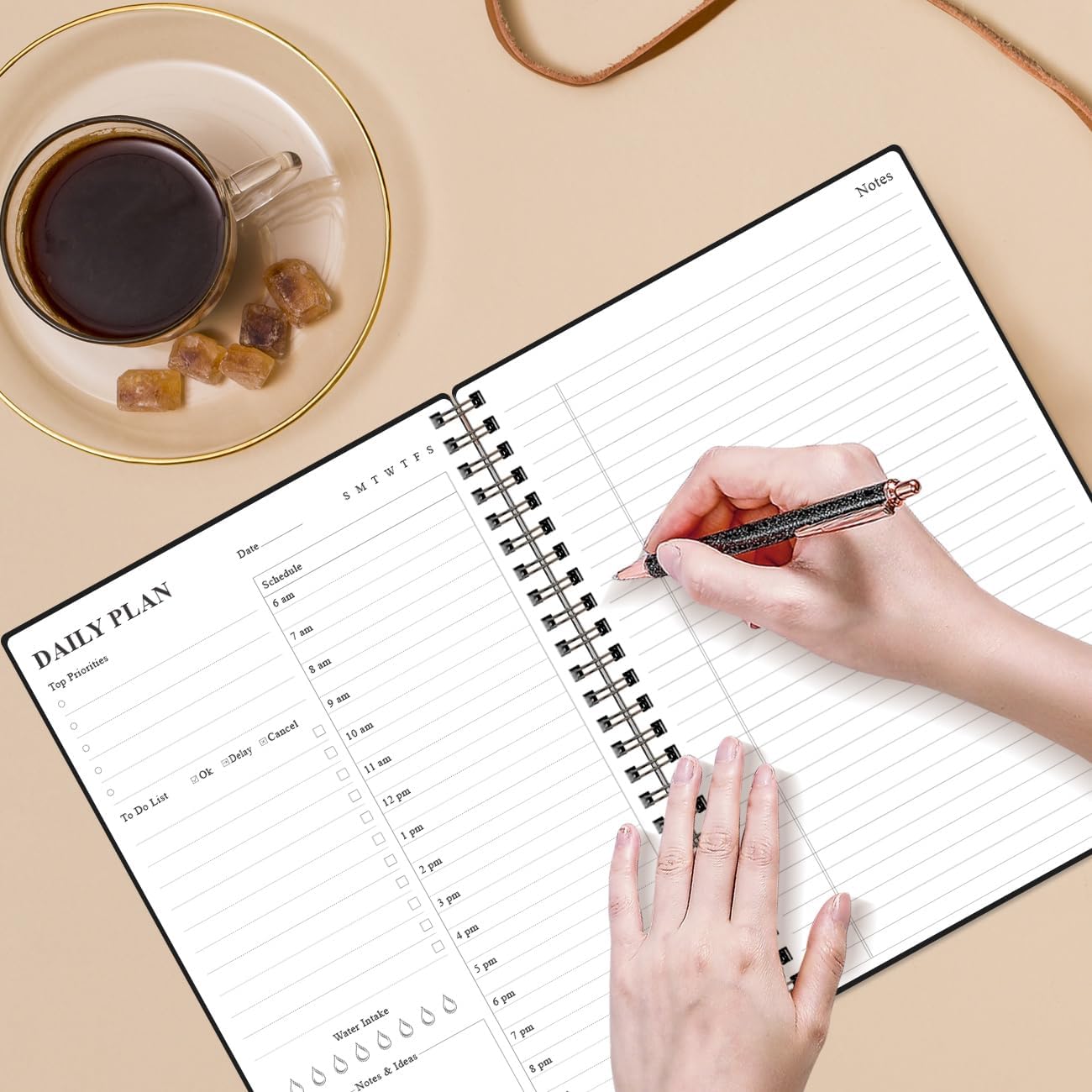 Daily Planner Undated - B5 To Do List Notebook Hourly Schedules, Spiral Appointment Planner for Women and Men, PVC Hardcover, Inner Pocket, Elastic Closure, 7" x 10", Black