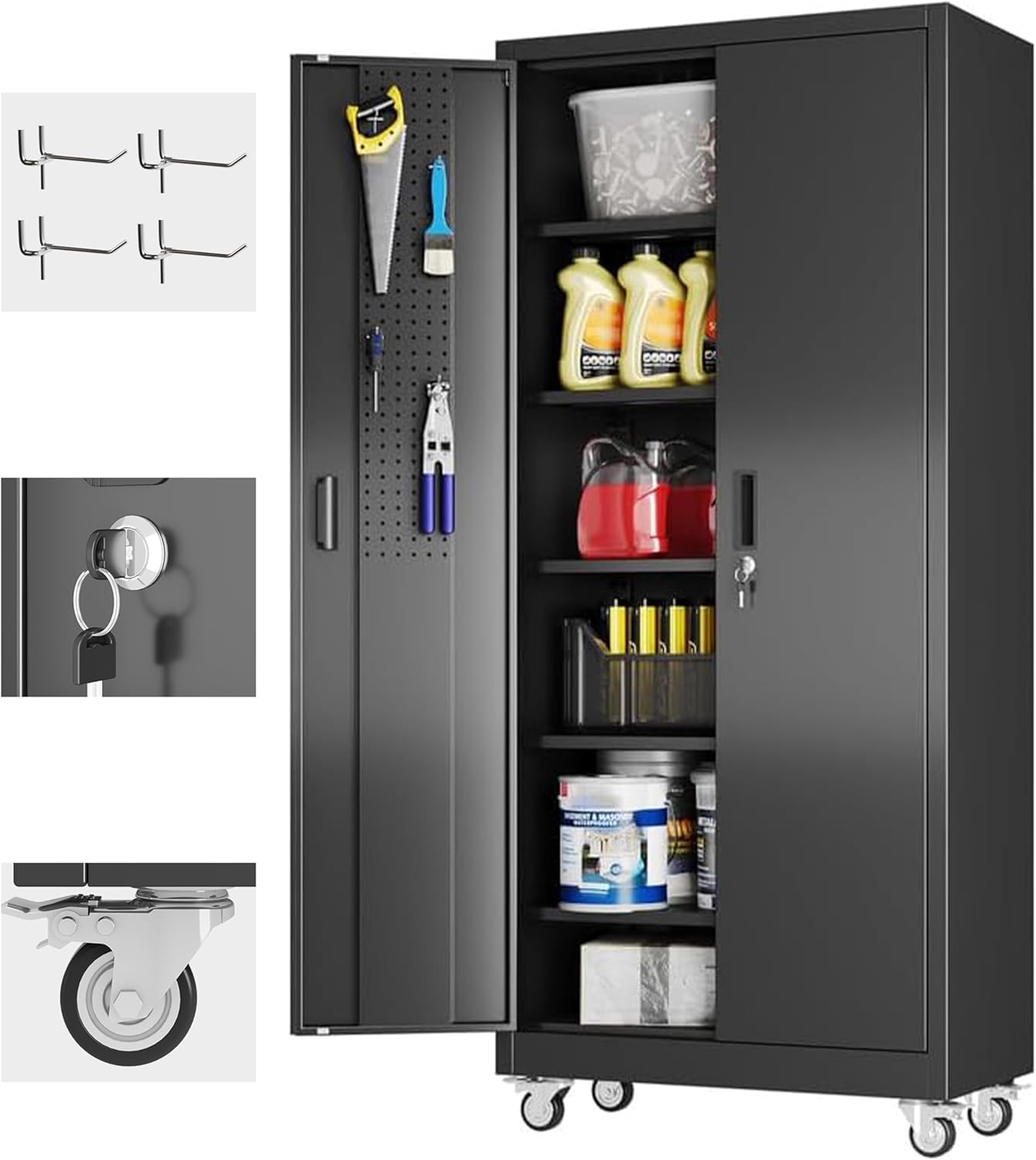 Aobabo Upgraded 71''H Metal Garage Storage Cabinet with Wheels and Door Pegboard,Steel Cabinets with 2 Doors and 5 Adjustable Shelves for Home Office,Required Assembly,Black