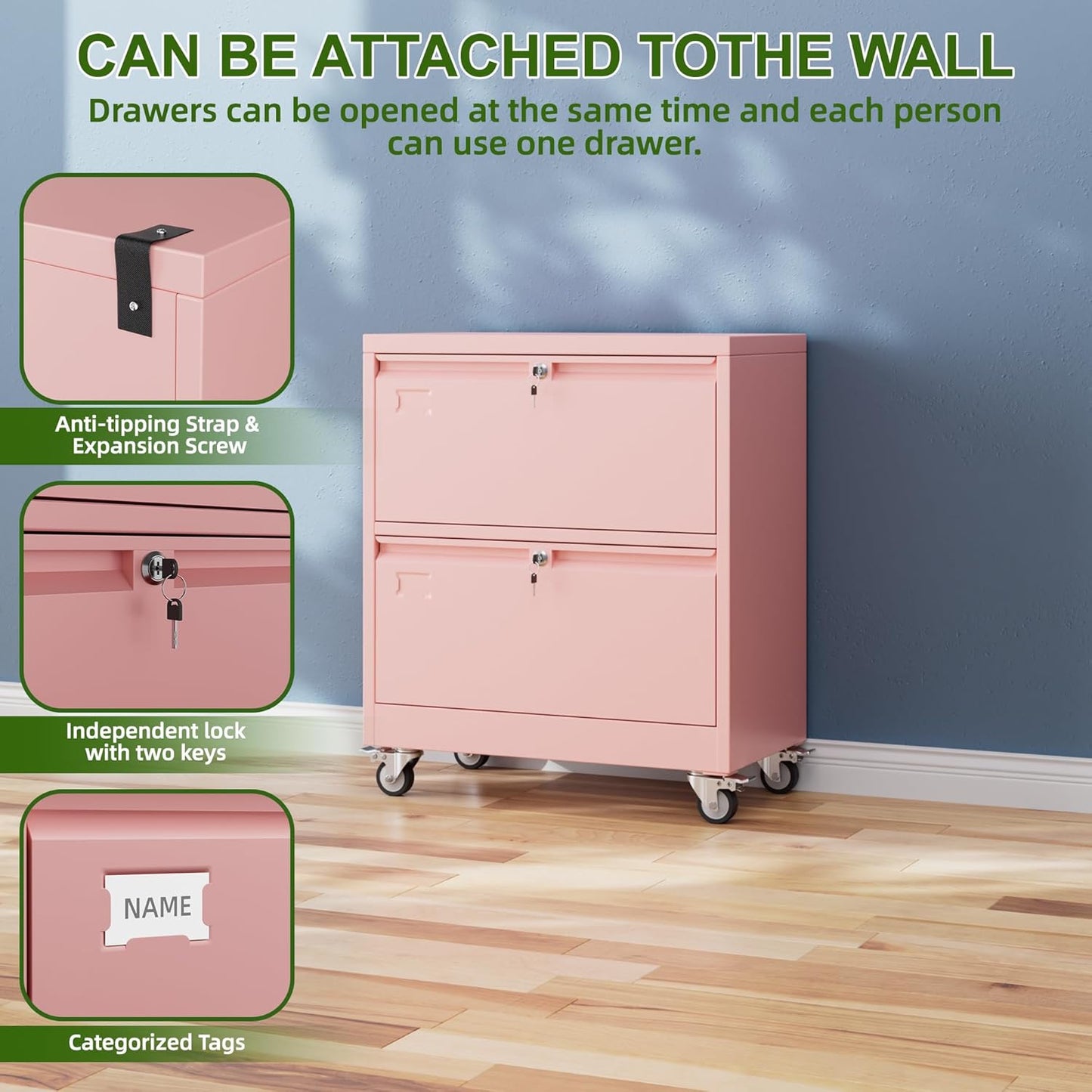 Aobabo 2 Drawer Wide File Cabinet with Wheels, Lockable Metal Filing Cabinet for Home Office, Legal/Letter Size,Pink,Required Assembled,15.87" D x 28.94" W x 34" H