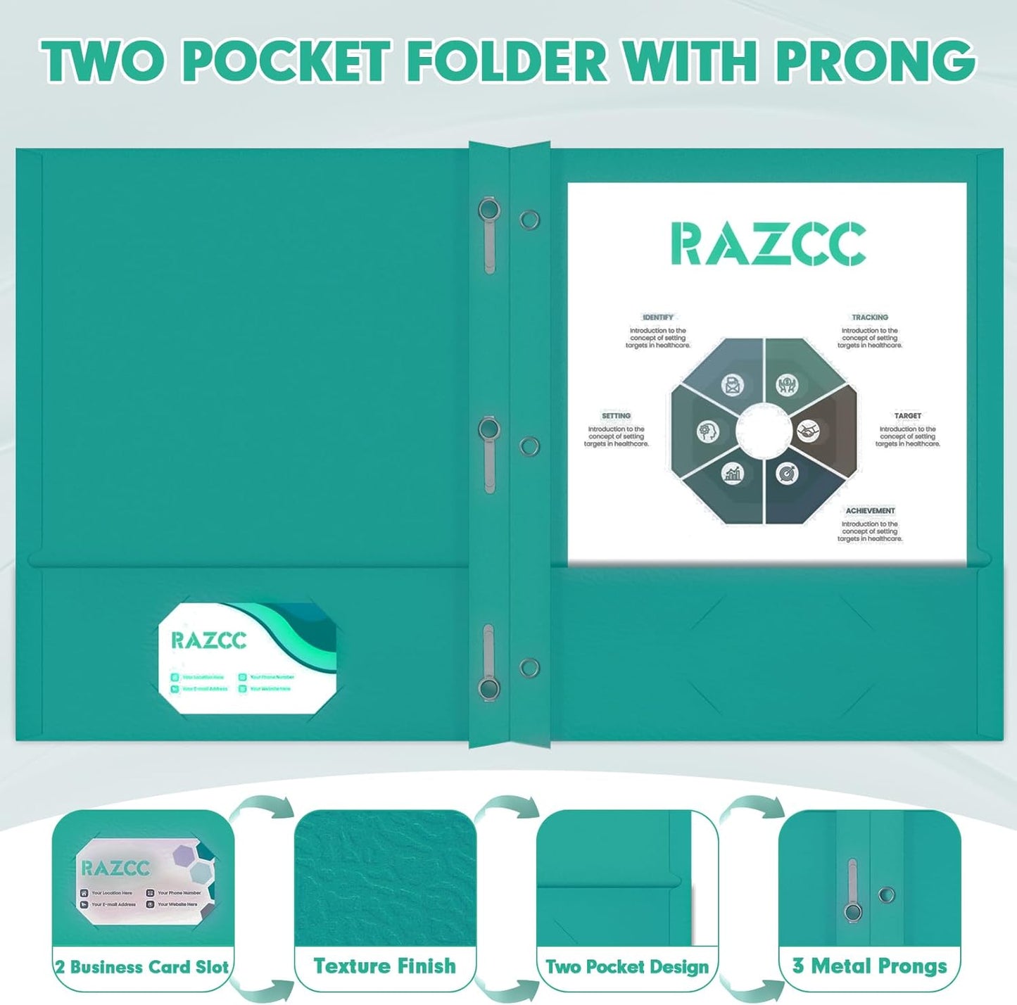 Two Pocket Folders, RAZCC 75 Pack Two Pocket Folders with Prongs, 3 Prong Folders Fit Letter Size Paper, Pocket File Folders for School Office Home Business, Turquoise