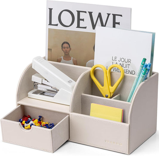 Vlando Office Supplies Desk Organizer Caddy, PU Leather Office Organization and Storage,Desktop Hanging File Letter Document Storage Holder with Drawer Beige