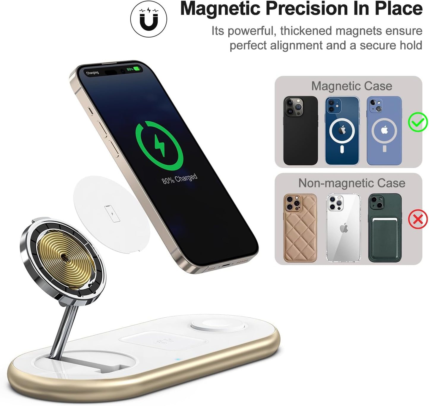 Magnetic Charging Station, 3 in 1 Faster Mag-Safe Wireless Charger Stand, Wireless Charging Pad for Apple Devices, iPhone 16/15/14/13/12 Series, iWatch Series, AirPods (Golden)