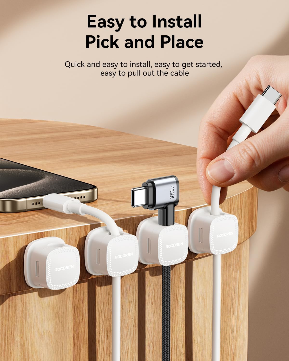 30 Pack Cable Management Cord Organizer,Magnetic Cable Clips-1s Lock,Rocoren Desk Adhesive Cord Cable Clip Wire Holder Keeper for Phone Charger Wire,Nightstand,Car,Office,Desktop Accessory,White