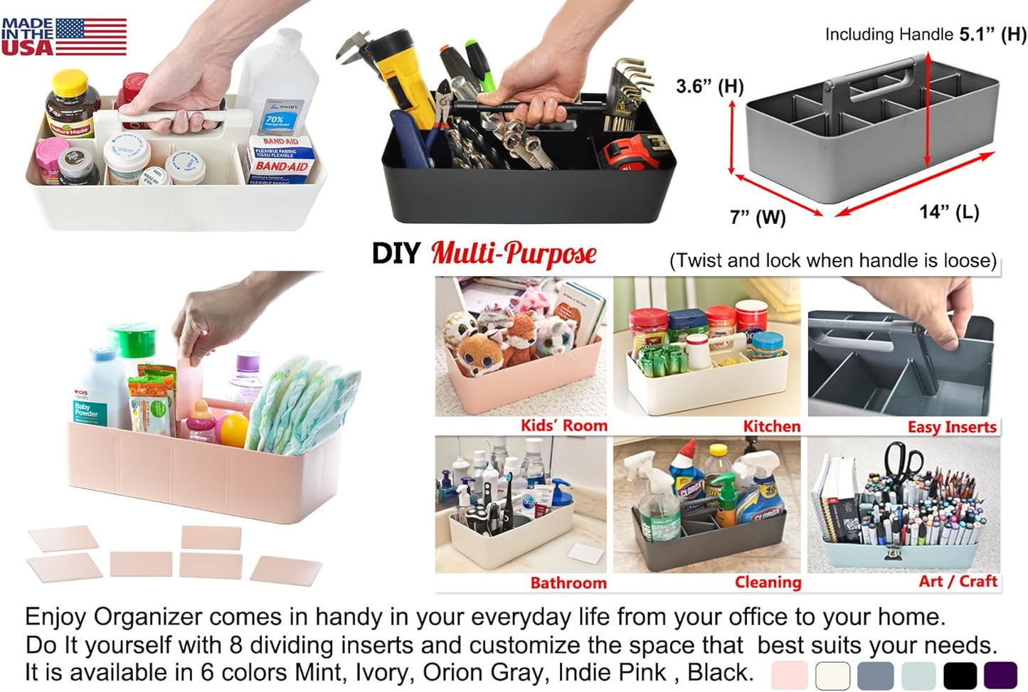 8 Compartments DIY Dividers,Large caddy, Multi Purpose, Simple, Portable, Stackable, Modern Solution for School, office, Desktop -MADE IN USA (Lavender)