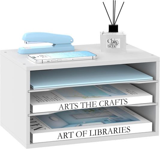 SUPEASY Wood Desk Organizer, 3 Tier Paper File Organizer for Desk, Wooden Desktop Organizer, Paper Letter Literature Mail Sorter, for Office School & Home Organization, White