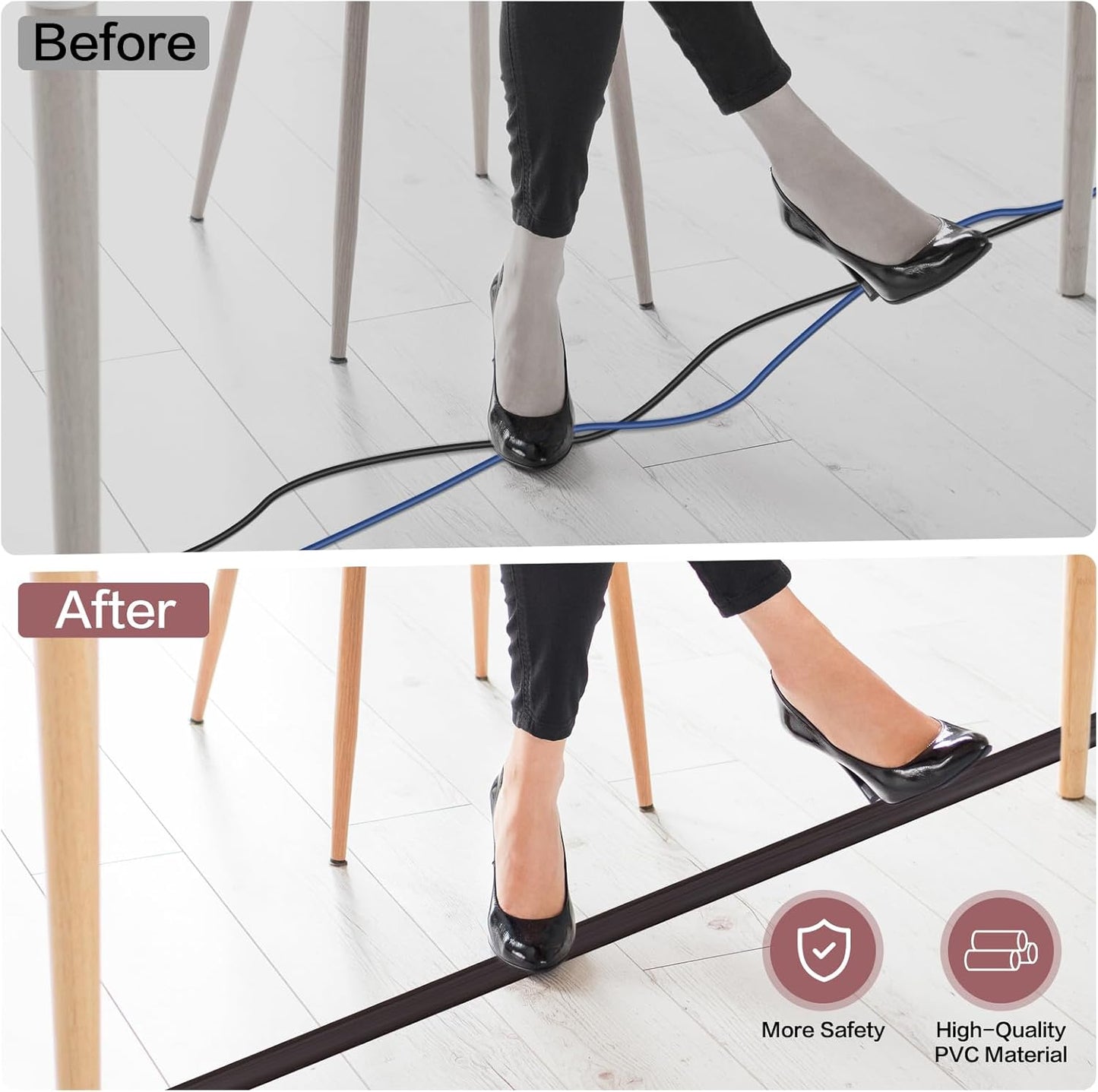 Floor Cord Cover Self Adhesive Cord Hider Floor Extension Cord Covers for Floor Power Cord Protector Cable Management Prevent Cable Trips Cable Cavity 0.47" W x 0.27" H (Dark Walnut, 3.3Ft)