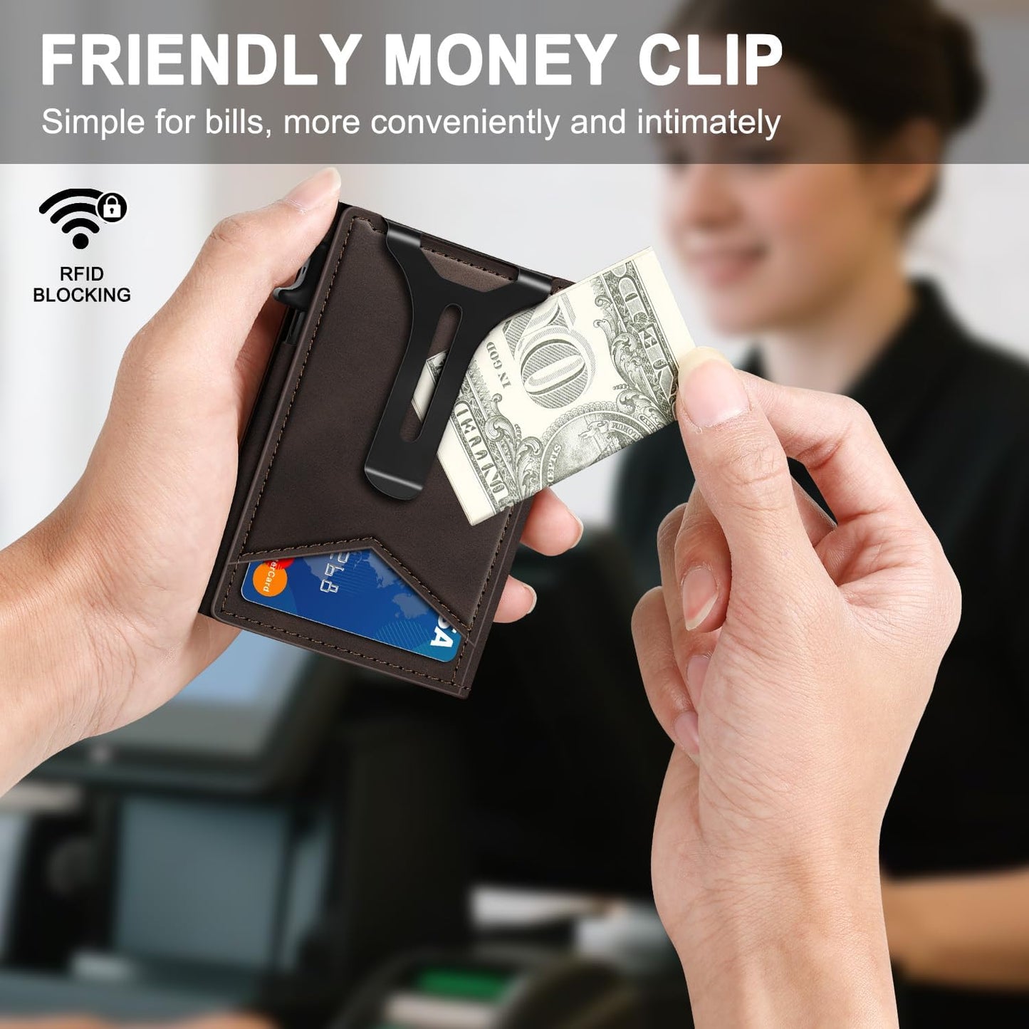 Wallet for Men, RFID Wallet with Money Clip & ID Window, Minimalist Pop Up Credit Card Case Holder 10-12 Cards, Bifold Slim Smart Wallet for Front Pocket, Compact Metal Wallets, Gifts for Men, Coffee