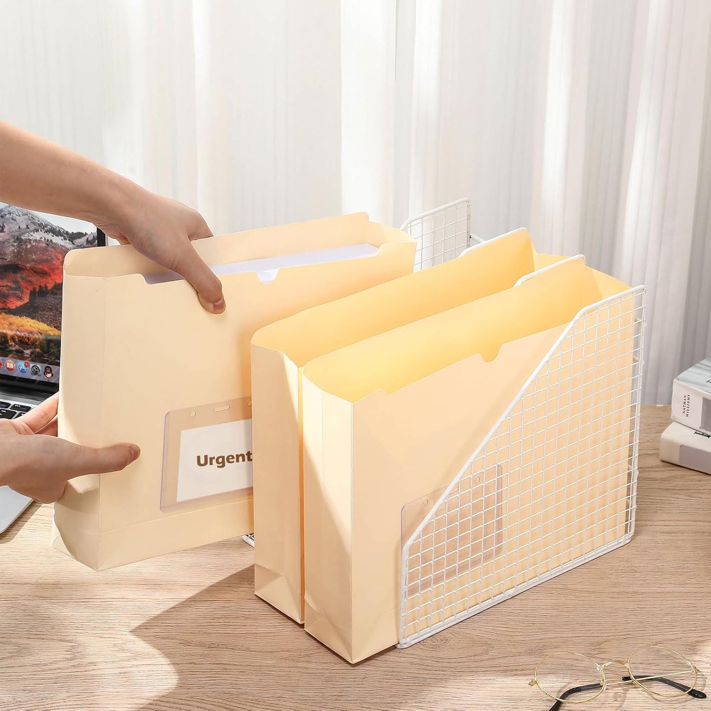 Zhehao 100 Pcs File Jackets Reinforced Straight Cut Tab Pocket Folders Expandable File Folder Expanding Paper Organizer with Tabs Expansion Pocket, Letter Size (Beige Color,with Label Pocket)