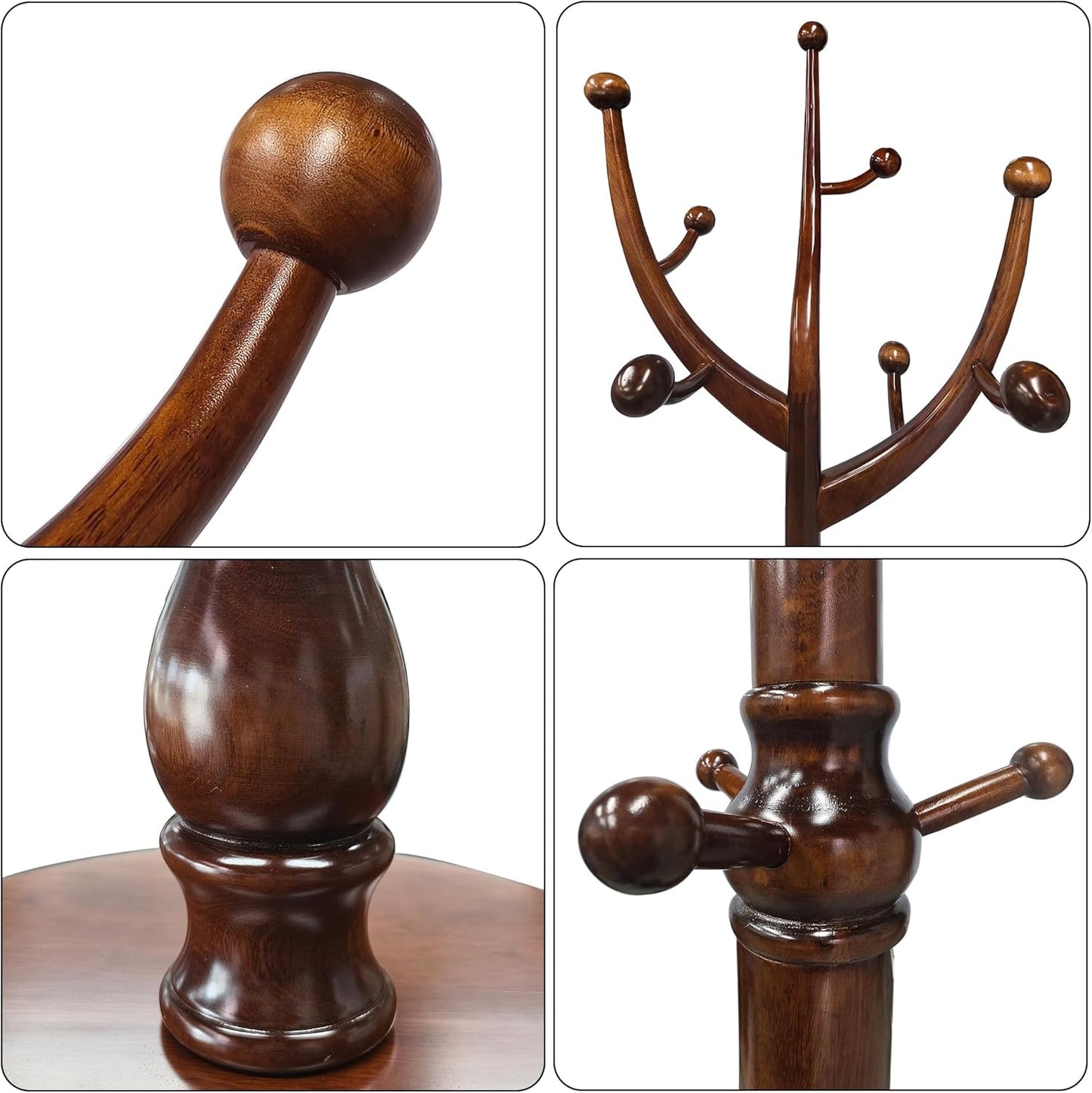 HOMEFORT Coat Rack Freestanding, Wooden Coat Rack with 11 Hookss, Rubber Wood Coat Hanger with Sturdy Round Base, Vintage Coat Hat Rack for Entryway, Hallway, Bedroom,Walnut