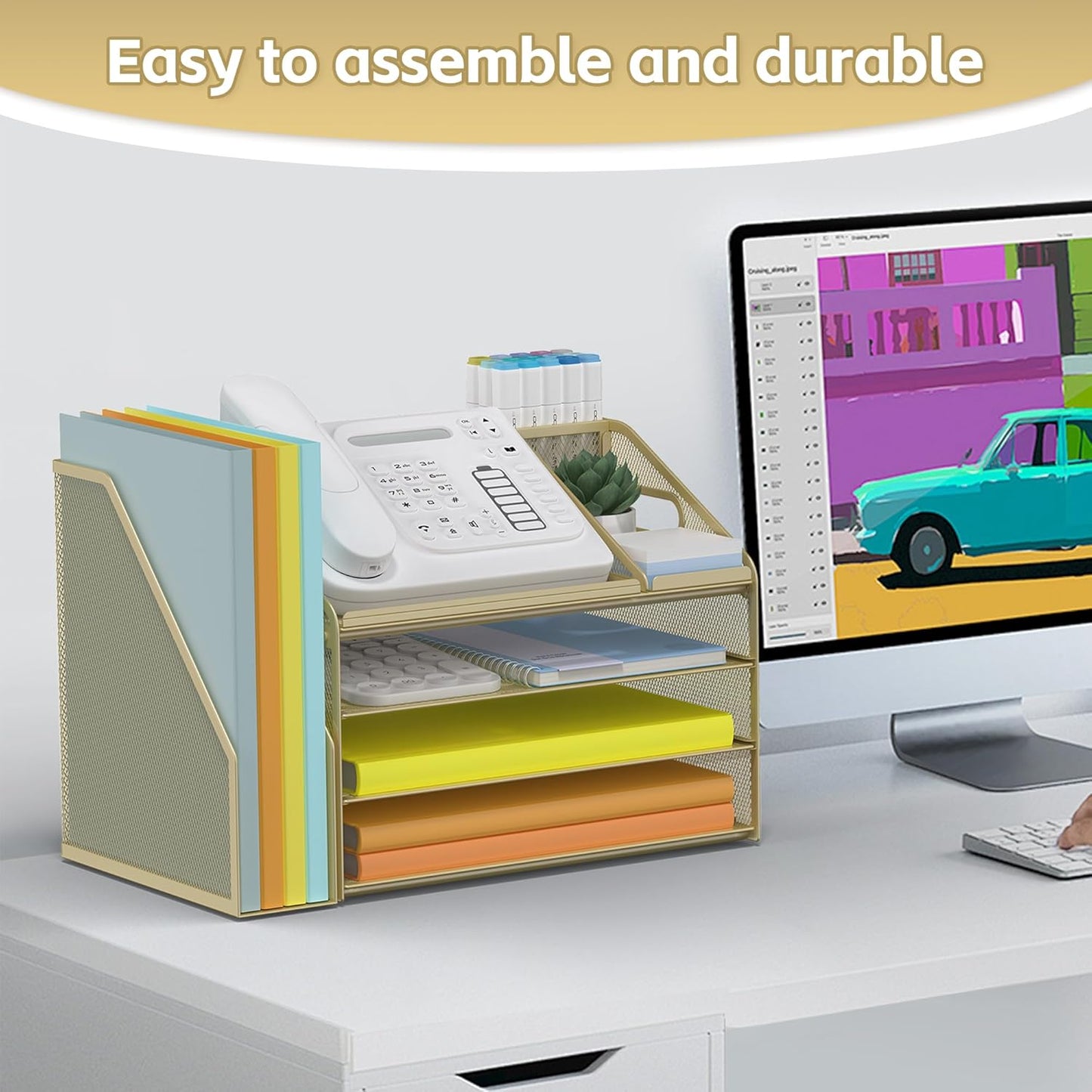 DocNest 4 Tier Paper Letter Tray File Organizer, Mesh Desk File with Handle, Workspace Desk Organizers with Pen Holder, Office Organization Storage Accessories - Gold Yellow