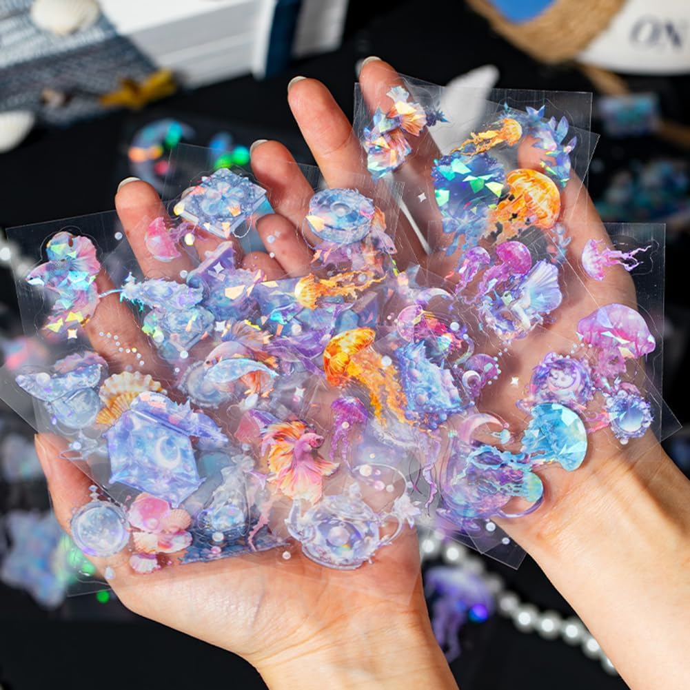 MAFELOE PET Scrapbook Stickers, 100 Sheets of Box Set, Aesthetic Deco Journaling Supplies for Junk Bullet Album Calendars Diary Planner- Crystal& Fantasy Series