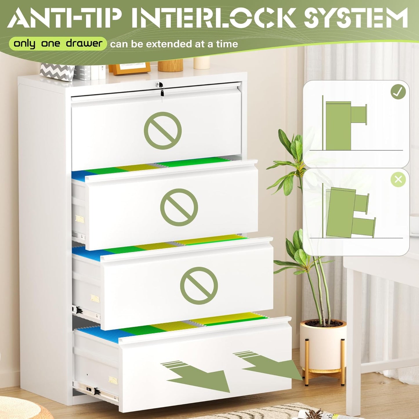 Incbruce 36" W 4 Drawer Lateral File Cabinet, Metal 4 Drawer Lateral Filing Cabinet with Lock, Steel Wide Filing Organization Storage Cabinet for Home, Office, Fit A4/F4/Letter/Legal File (White)