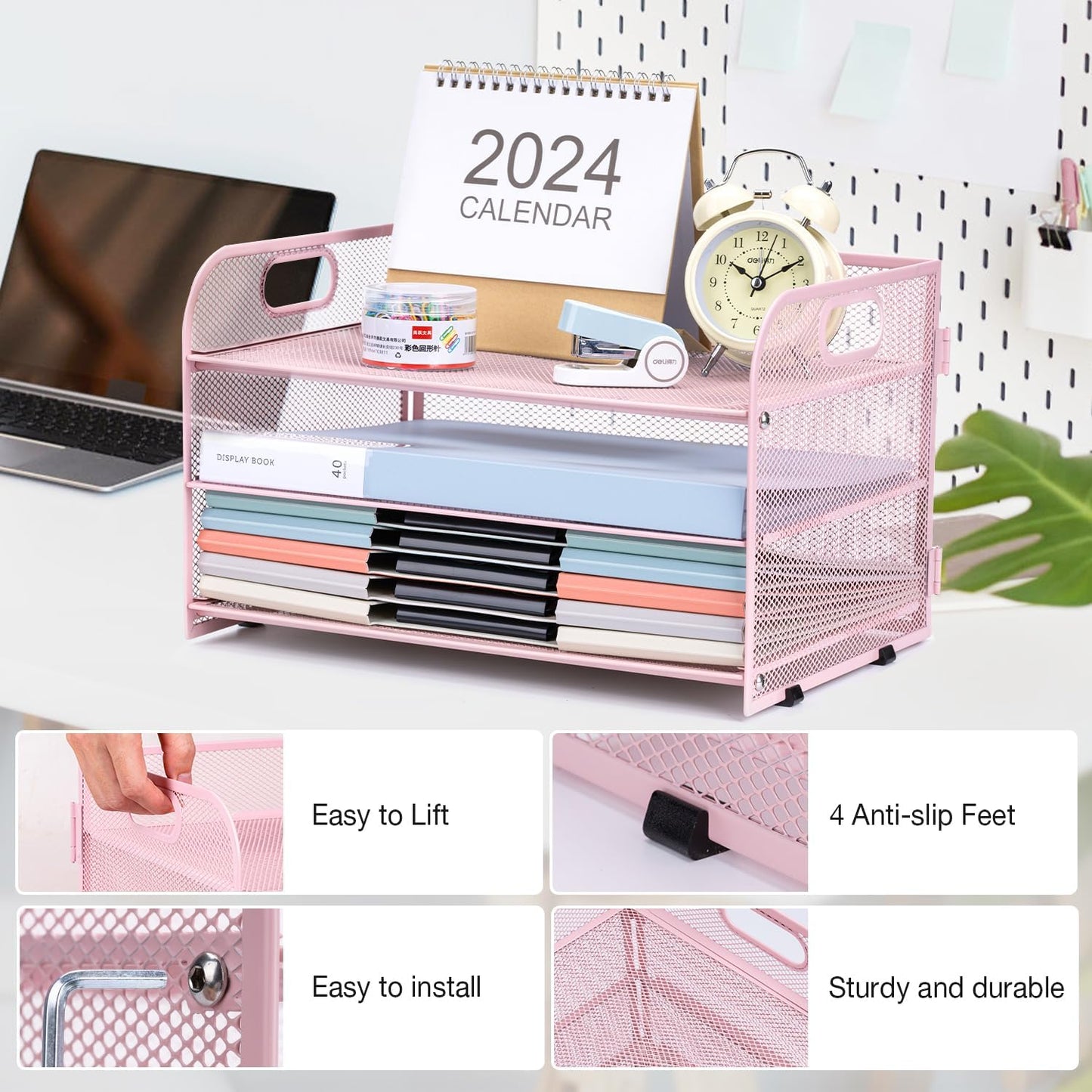 3-Tier Letter Tray Paper Organizer with Handle,Compact Mesh Desk File Organizer for Home Office Supplies Desktop Accessories,Pink