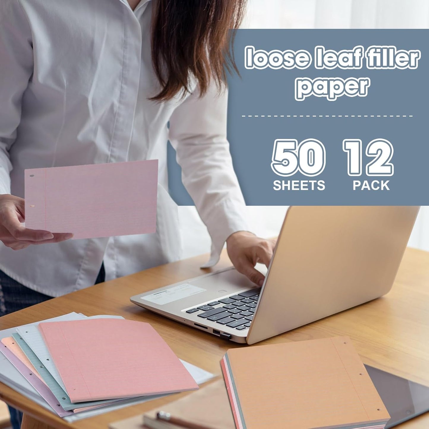 PerKoop 12 Pack 600 Sheets Colored Lined Paper Bulk Wide Ruled 8 x 10.5 Inches, Pastel Loose Leaf Notebook Paper 3 Hole Punched Filler for Back School Classroom Supplies(Retro Color)