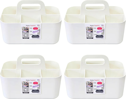 Small Stackable Plastic Caddy with Handle 6 Compartment | Desk, Makeup, Dorm Caddy, Classroom Art Organizers - 4 Pack, Made In USA (Ivory)