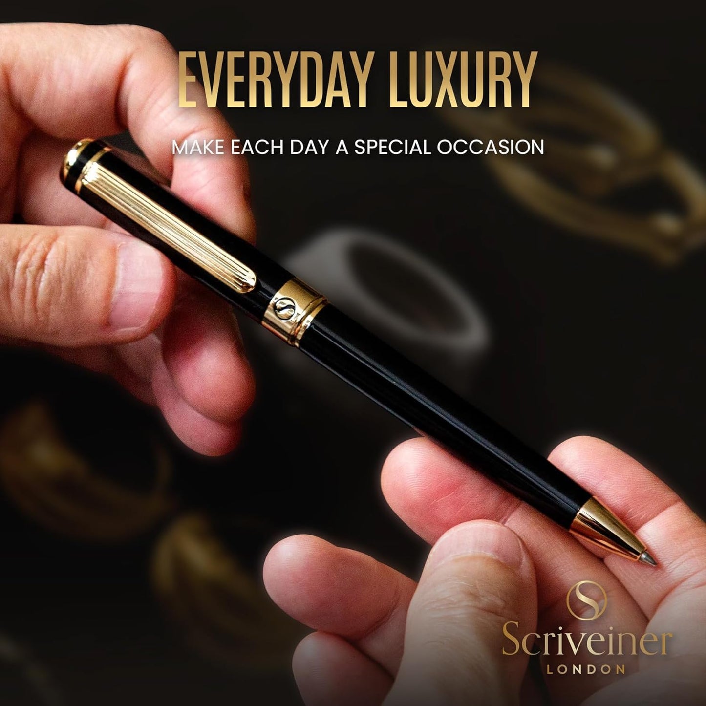 Scriveiner Black Lacquer Ballpoint Pen -Stunning Luxury Pen, Real Gold Plating, Schmidt Black Refill, Best Gift Set for Men & Women, Professional Executive Office, Nice Fancy Designer Pens