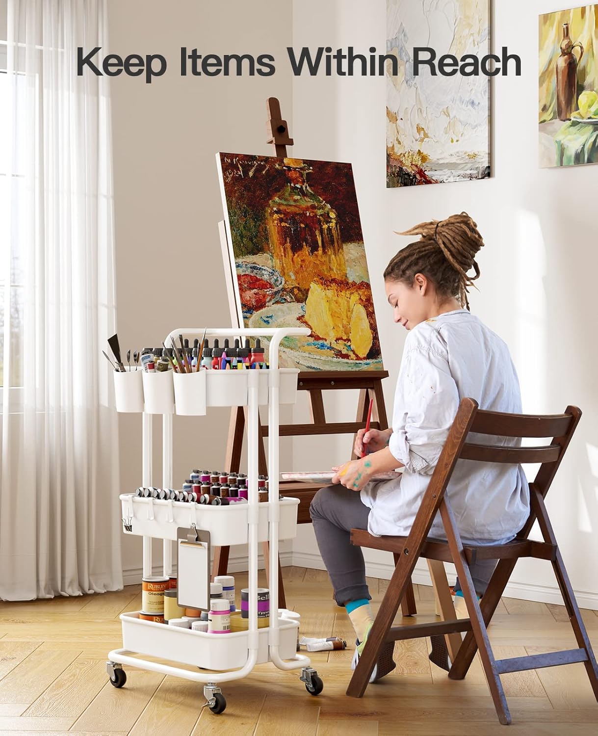 Pipishell 3-Tier Rolling Cart with Wheels - Rolling Storage Cart with Hanging Cups & Hooks - Mobile Utility Cart for Office, Kitchen, Craft Room - Art & Craft Organizer, White, PIUC06W