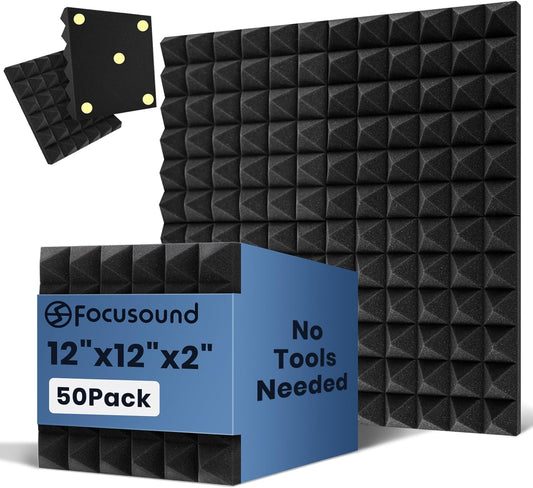 Acoustic Panels 50 Pack 2"x12"x12" with 300 PCS Double-Side Adhesive - Sound Proof Pyramid Foam for Walls, Home Studio Noise Absorption & Echo Control Kit