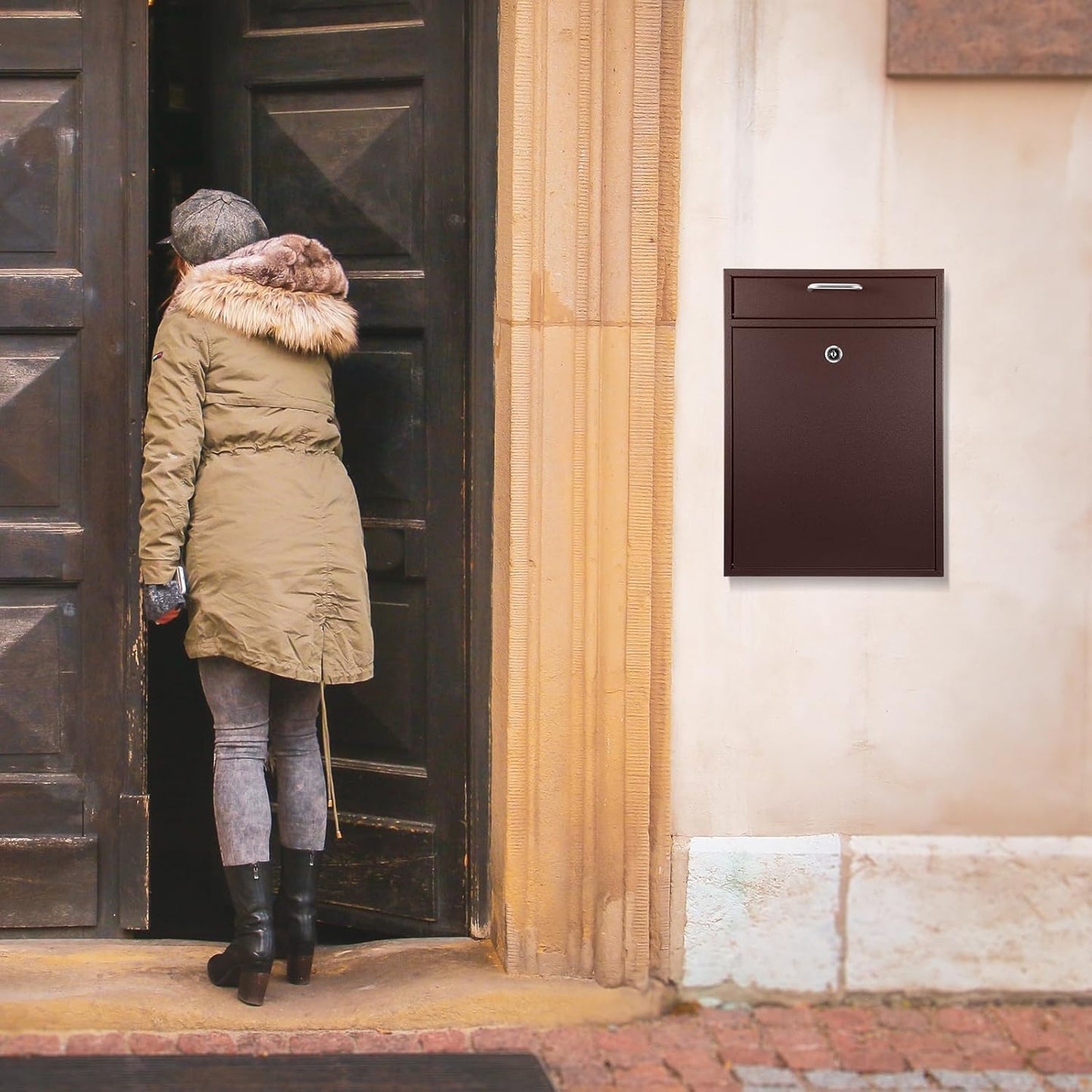 Locking Mailbox with Key for Outdoor 16.2 x 11.2 x 4.7 Inches Large Wall Mount Mail Box with Lock Security Mail Drop Metal Collection Boxes Hanging Secure Postbox(Brown)