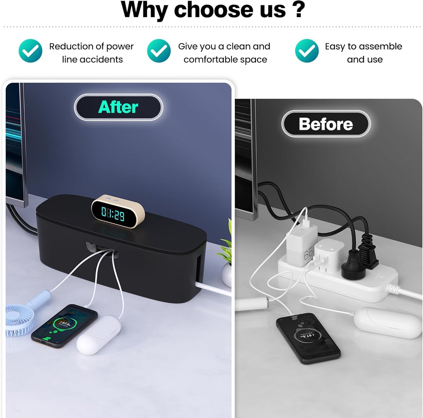 Cable Management Box - Large Cord Organizer Box to Hide Power Strip & Under Desk, TV Computer Wires Cable Organizer Box with Baby Proofs, Desk Cord Organizer for Home/Office - Black