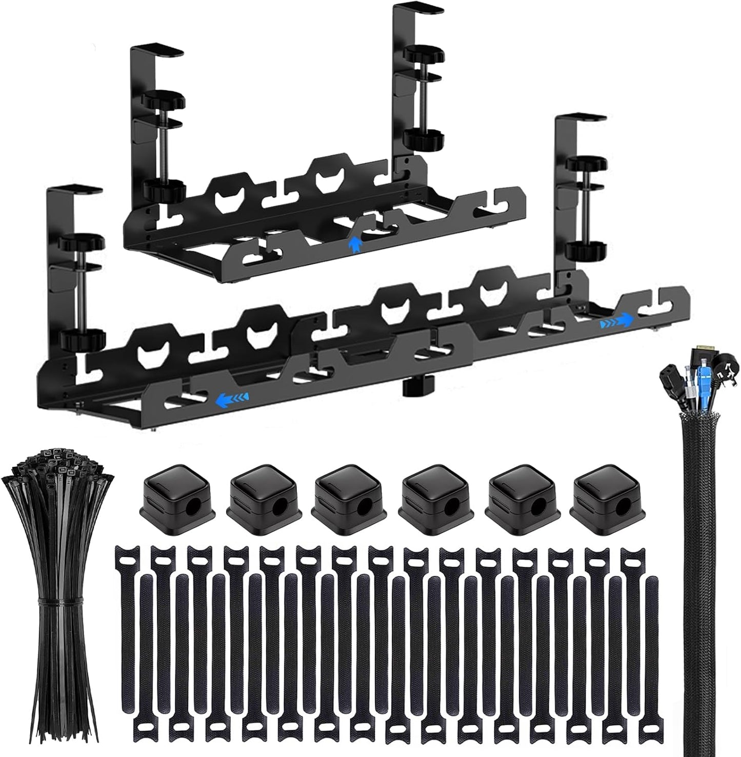 Under Desk Cable Management Tray Black Extendable 15.7"- 29.1" Metal Large Capacity Cable Management Kit No Drill Cable Management Box Cord Organizer for Desk Wire Management Cable Basket