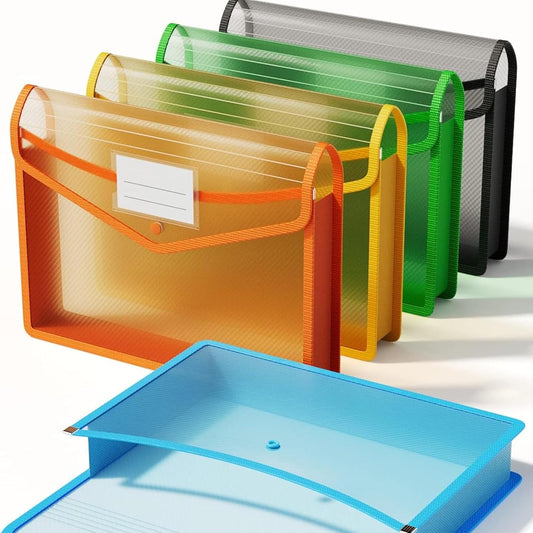 5 Pack Plastic Expanding File Folder, Waterproof Transparent File Folder, Poly Envelope with Snap Closure, Large Capacity, Fit Letter/A4 Size, Document Organizer for Office Home