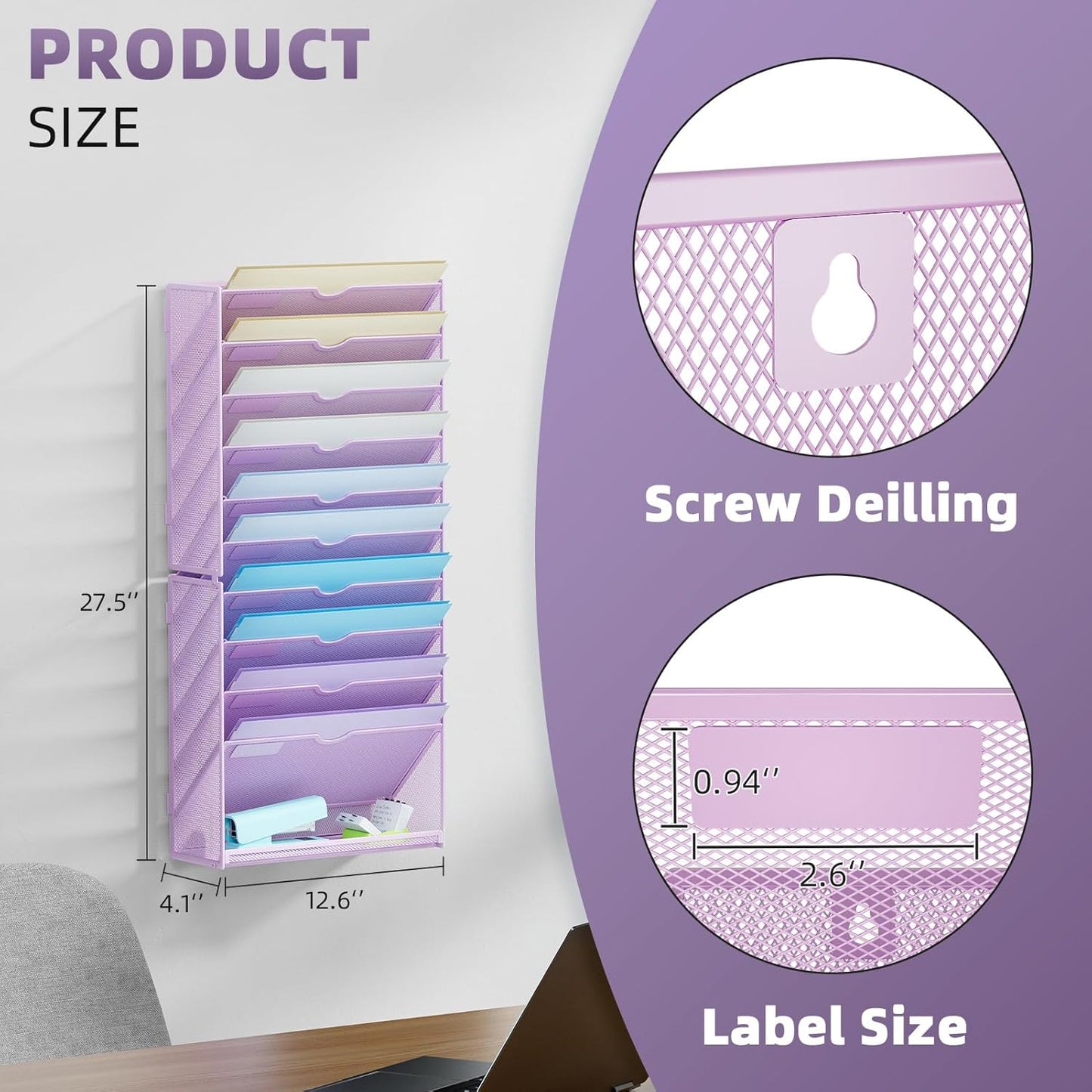 Marbrasse Wall File Holder 11-Tier Hanging Wall File Organizer, for Papers, Files Clipboard & Magazine Organizer, Wall Mount File Holder Great for Office Home (Purple)