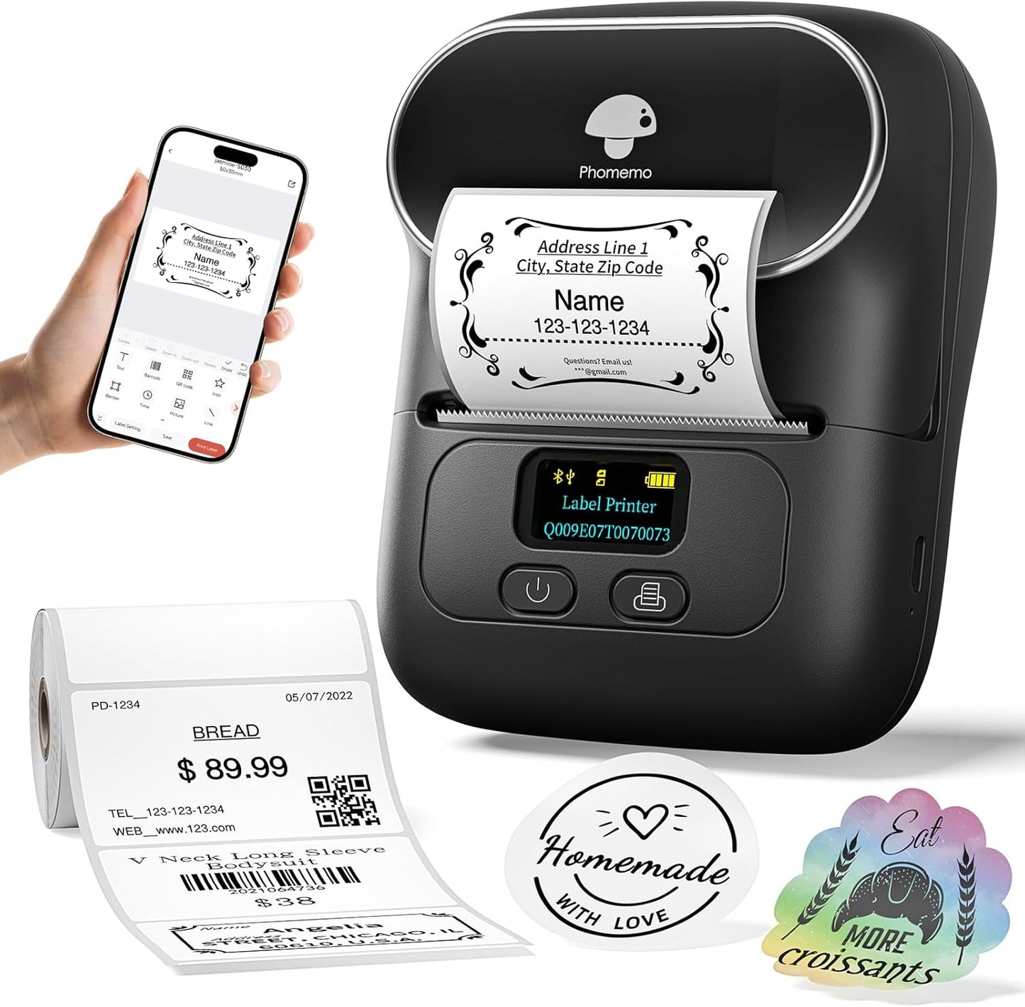Phomemo Label Printer M110 Upgraded Label Maker Bluetooth No Ink Portable for Small Business, Address, Office, Home for Phone; for PC/Mac(USB), with 100 Labels, Ebony Black