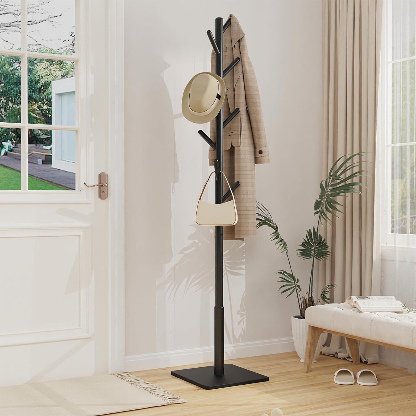 Coat Rack Freestanding with Stable Square Base for Cloathes, Hat, Used in Bedroom, Office and Entryway, Sturdy and Easy Assembly Coat Tree with 3 Adjustable Sizes and 8 Hooks, Black