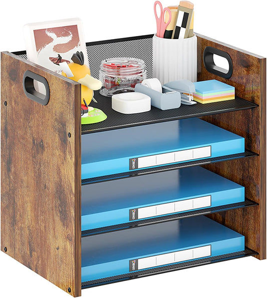 Wood Desk Organizer - 4-Tier Desktop File Organizer, Wooden Paper Organizer, Office Desk Organizer for Papers, Mail, Notebooks, Stationery