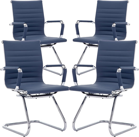 Office Desk Chair No Wheels Set of 4 PU Leather Computer Chairs Mid Back Guest Chairs for School Reception Conference Waiting Room, Navy Blue