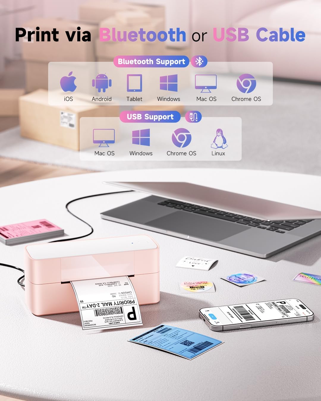 Bluetooth Thermal Label Printer Pink, Wireless 4x6 Thermal Shipping Printer Pink for Small Business & Shipping Package, Desktop Printing, Compatible with Amazon, Ebay, Shopify, Etsy, USPS