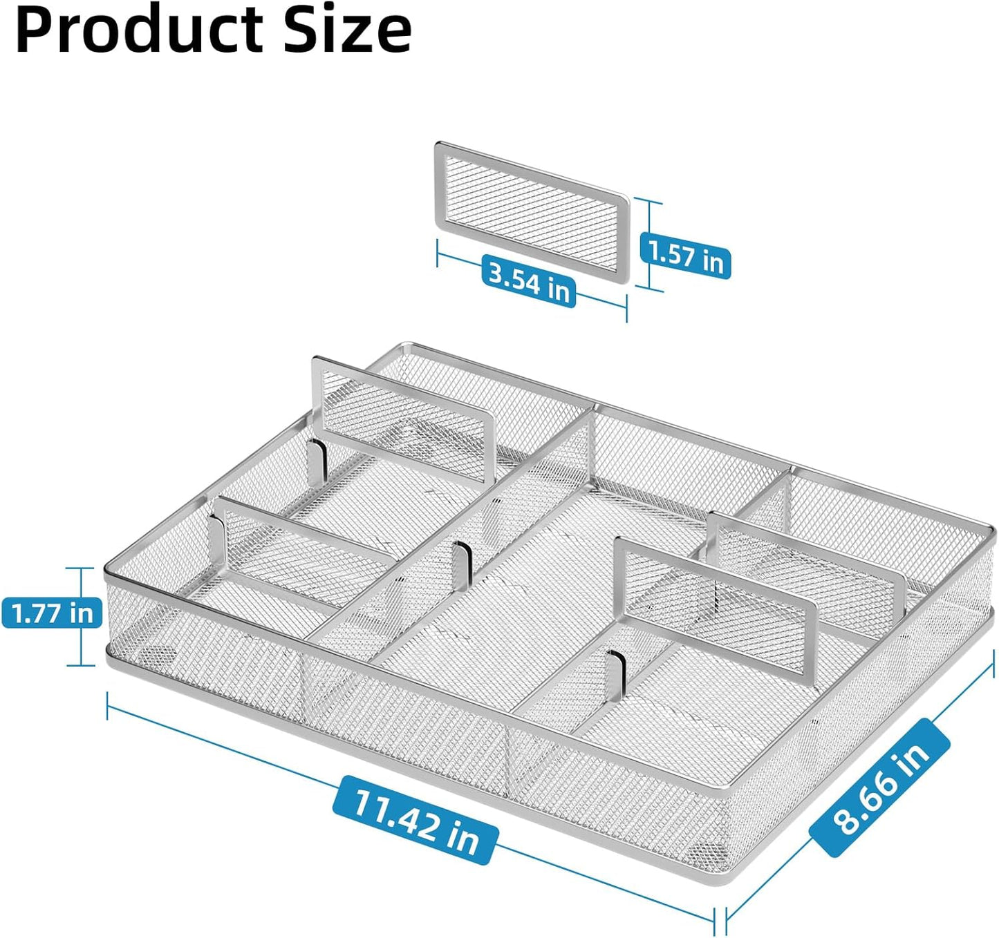 Marbrasse Desk Drawer Organizer, Metal Mesh Drawer Organizer Tray with 5 Adjustable Compartments,Desk Organizers and Accessories for Home,Office,Kitchen,Makeup,Vanity (Silver)