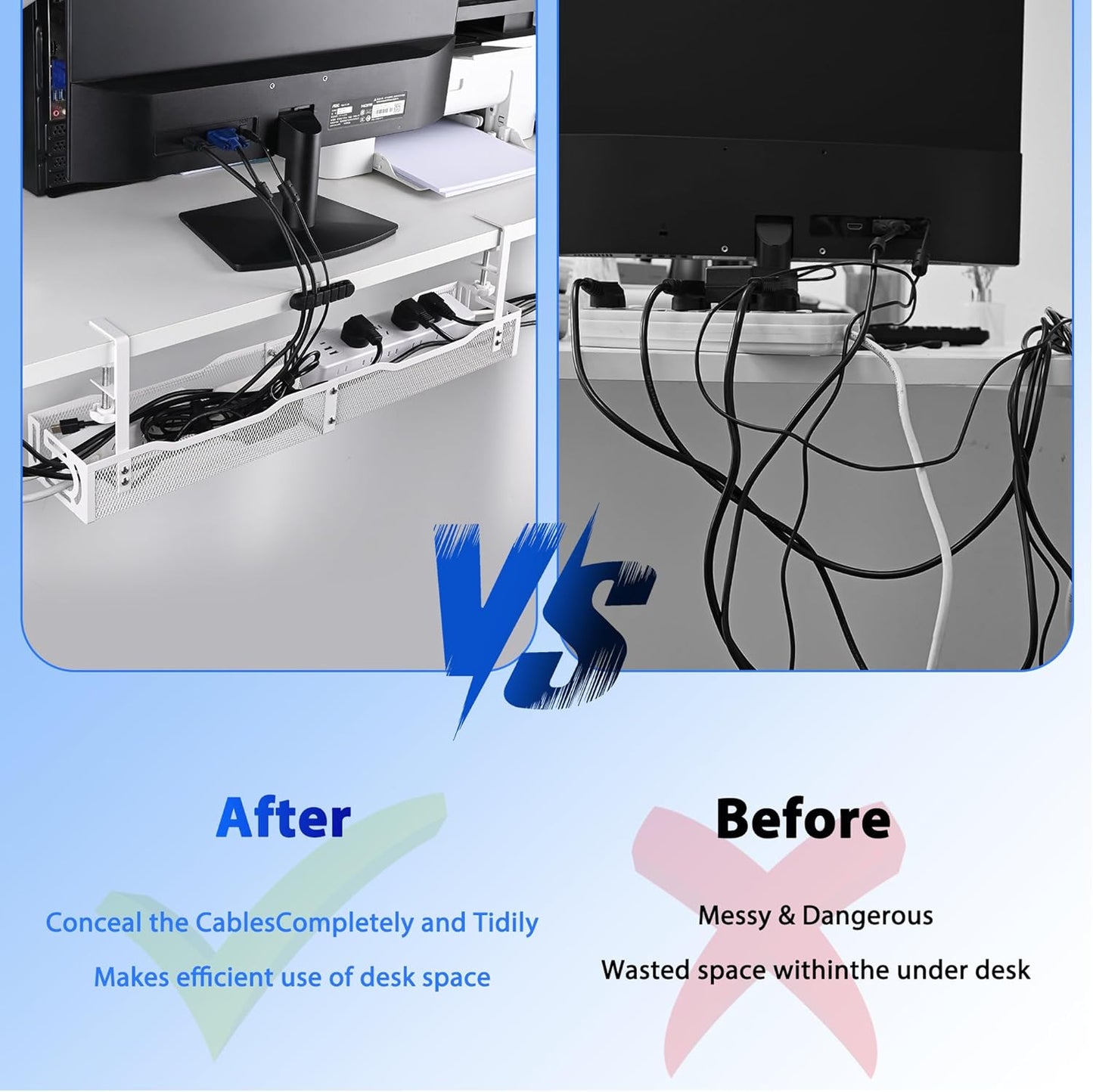Under Desk Cable Management Tray 25.3 Inch – No Damage Install, Cord Organizer for Office & Home, Wire Organizer for Desk Storage, White