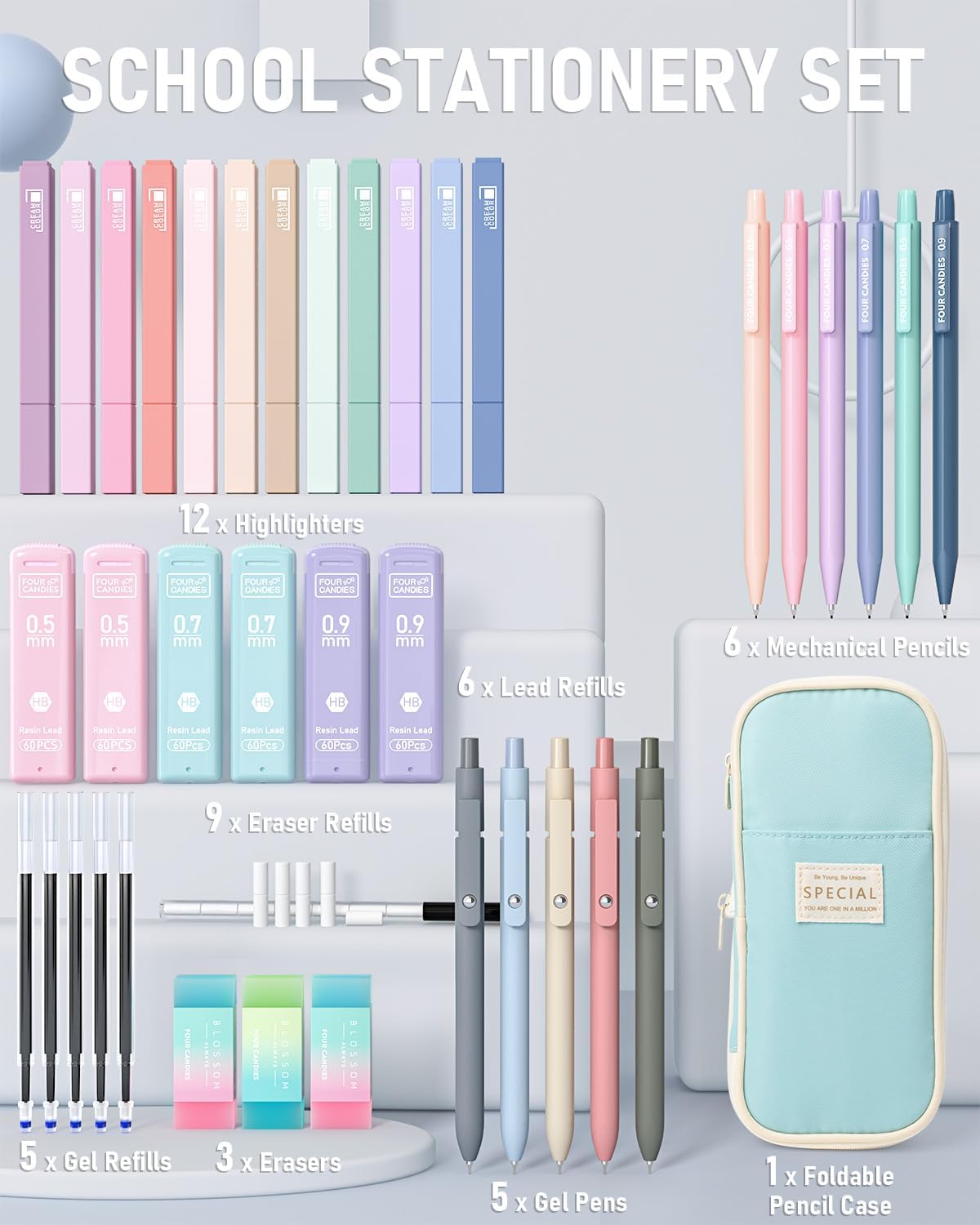 Four Candies 39 PCS Aesthetic School Supplies with Cute Pen Case, 12 Pastel Highlighters, 5 Black Ink Gel Pens, 6 Mechanical Pencils Set 0.5 & 0.7mm for Students Stationary College Essentials (Blue)