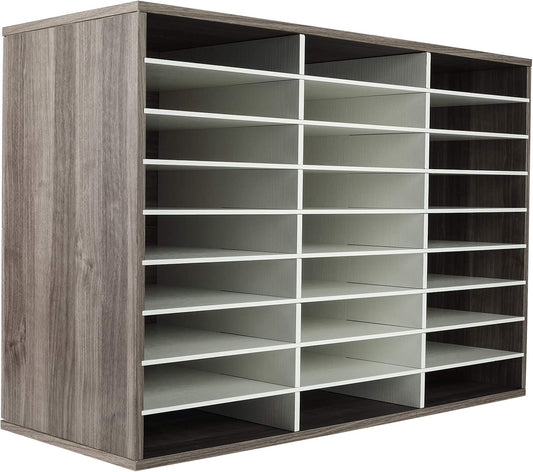 TQVAI Wood Adjustable Literature Organizer Desktop File Sorter Mail Center Paper Storage Cabinet Home & Office Mailbox School Classroom Keepers, 27 Slots Compartments, Retro Grey/White